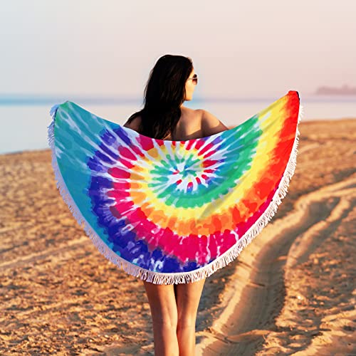 Violet Mist Round Beach Towel Tie Dye Round Beach Blanket Oversized Microfiber Blanket Extra Large Absorbent Fast Dry Sand Free Swim Pool Travel Yoga 60 inch Circle Towel with Tassels - color: Colorful Rainbow