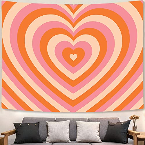 Uokiuki Retro Hippie Tapestry Cute Heart Tapestry 60s 70s Groovy Tapestry Aesthetic Y2K Tapestry Wall Hanging for Studio Room Bedroom Living Room Dorm 71 X 60 Inch Orange - color: Orange, size: 60"L x 71"W