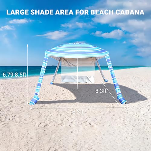 8'x8' Beach Cabana, UPF 50+ Large Beach Canopy with Side Wall, Easy Setup Pop Up Sun Shelter, Adjustable Height & Wind Resistant Beach Tent for 4-6 Person Family, Light Blue