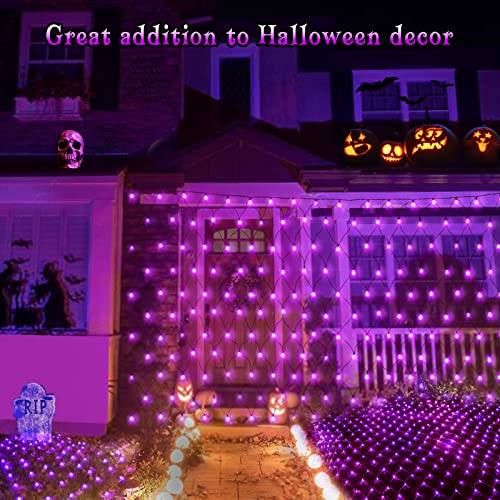 BlcTec Halloween Net Lights, 200 LED 8.4ft x 5.2ft Purple Halloween Lights with 8 Modes, Timer, Connectable, Waterproof and Green Wire Design for Trees, Bushes Outdoor Decorations - color: Purple, size: 200LED