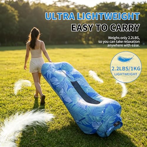 Inflatable Couch,Air Sofa with Sun-Shade Design,Built-in Storage,Ripstop Polyester&Stability Pegs,Portable Air Lounger for Beach,Camping,Easy to Carry,2Inflation Ways(Included Pump)Blue Feather - color: Blue Feather
