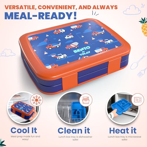 YOLAY Bento Box for Kids Lunch Box Leak-Proof, 5-Compartment Lunch Box Kids for Ages 3-10, Durable with Anti-Slip Base, Suitable for Schools, Outdoor and Travel (Mermaid) (Trucks) - color: Trucks