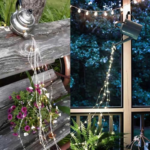 Solar Fairy Lights Outdoor White, Multi Strand 180 LEDs Watering Can String Light, Waterproof Solar Powered Waterfall Lights, Cool White Firefly Bunch Lights - color: Cool White