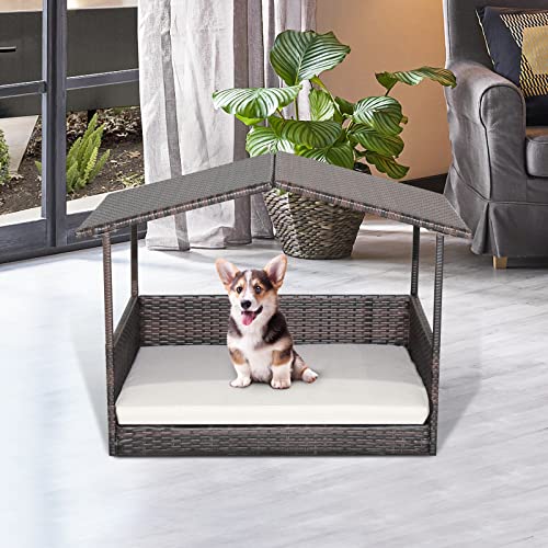 Tangkula Wicker Dog House, Indoor Outdoor Raised Rattan Dog Bed w/Removable Cushion, Washable Cover, Weatherproof Roof, Rattan Puppy Shelter w/Elevated Floor for Small Medium Dogs (White) - style: White