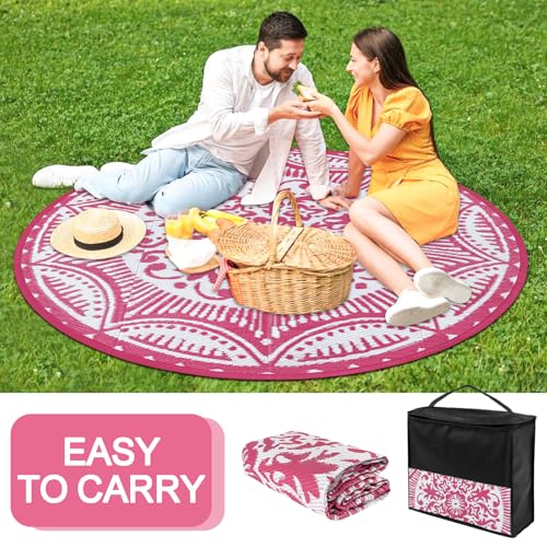 Capslpad 6x6 Floral Outdoor Rug for Patio Clearance Reversible Mat Round Portable Plastic Straw Carpet Waterproof Boho Indoor Outside Area Rugs for RV Camping Picnic Balcony Beach Deck, Pink - color: Pink, size: 6' (Round)