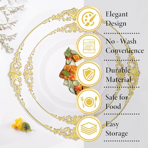 Nervure 350PCS Clear Gold Plastic Plates - Gold Plastic Dinnerware Sets for 50 Guests - 100 Disposable Plates, 150 Silverware, 50 Cups, 50 Napkins for Wedding & Party - color: Clear and Gold