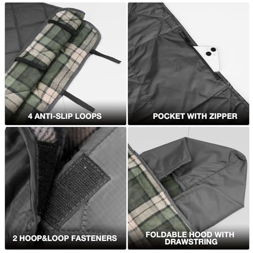 DUKUSEEK Waterproof Stadium Blanket, Hooded Outdoor Blankets Waterproof Windproof for Cold Weather, Emergency Warm Blanket with Quilted Cotton and Thick Fleece for Picnic, Camping, Outdoor Sports - color: Black Outer With Blue Plaid Fleece