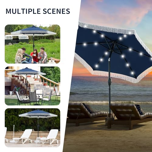 GDY 7.5 ft Fringe Patio Umbrella with 18 LED Solar Lights ，Stylish Fringe Decor for Graden, Pool, Beach, Deck, Navy Blue - color: Dark Blue+18 Lights, size: Umbrella Only