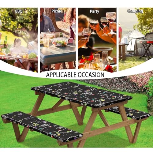 Elastic Fitted Table Cloth for Camping Party Supplies Christmas Pattern Picnic Table Cover with Bench Covers 3 PCS for Outdoor BBQ Camping - color: Christmas Pattern, size: Small