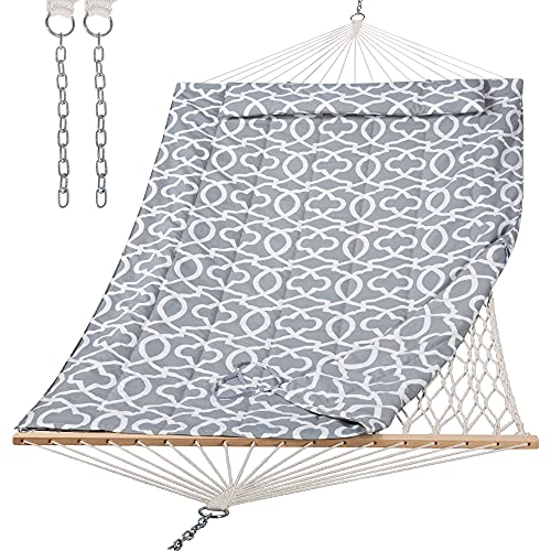 SUNCREAT Hammocks Heavy Duty Hammock with Hardwood Spreader Bar, Double Rope Hammock with Polyester Pad, Grey - color: Grey