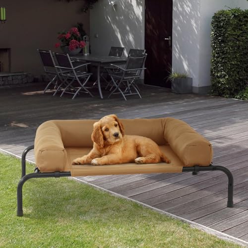 MoNiBloom Outdoor Elevated Dog Bed w/Removable Bolster, Portable Raised Outdoor Dog Bed with Stable Anti-Slip Feet & Breathable Mesh, 35.5 Inches Length, Light Brown - color: Light Brown, size: 35.5"L