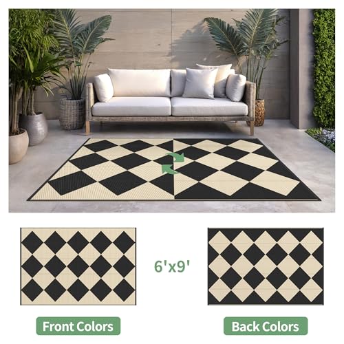 GENIMO Outdoor Rug for Patio Clearance, 6'x9' Reversible Geometric Plastic Straw Rugs, Lightweight Waterproof RV Camping Mat for Camper, Balcony, Deck, Backyard, Picnic, Black Beige - color: Black&beige-z, size: 6' x 9' (Rectangular)