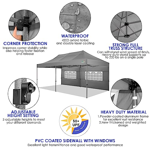 COBIZI 10x20 Canopy with Sidewalls, Heavy Duty Party Tent Pop up Canopy, Tents for Parties, Wedding, Outdoor Easy up Foldable Portable Canopy Tent with Wheeled Bag, Grey(Windproof Upgrade) - color: Gray, size: 10x20 With Sidewalls