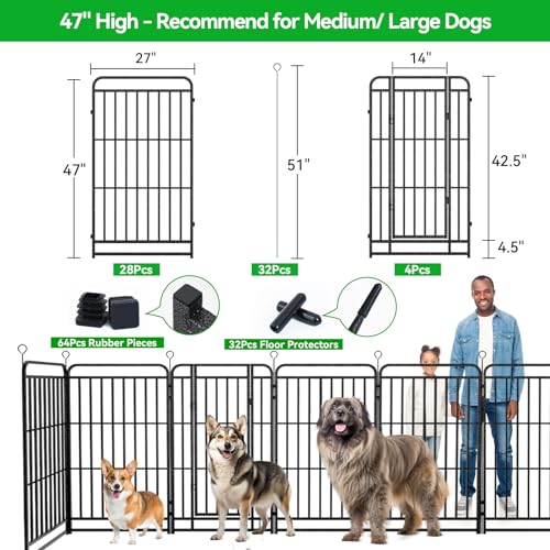 Kfvigoho Heavy Duty Dog Playpen: 32 Steel Panels 47" Height, Square Steel Pipe with Reinforced Crossbars, 71FT 406 Sq.ft Portable Fence for Yard RV Camping, Snowy Black - style: 27"W x 47"H