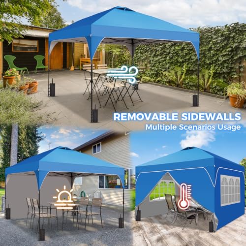 8x8 FT Pop Up Canopy with 1-Button Push, 4 Removable Sidewalls, Sandbags, Instant Canopy Tent for Outdoor Events - color: Blue, size: 8x8 with Sidewalls