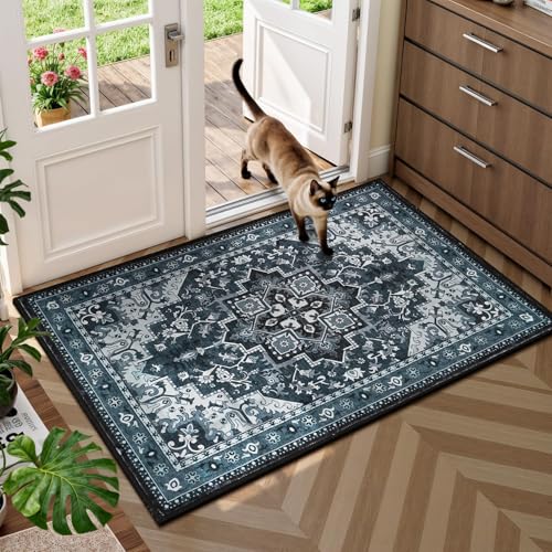 Rugflix 2x3 Washable Entryway Rug with Rubber Backing, Front Door Mat Low-Profile Soft Absorbent, Entrance Small Area Rugs for Indoor Outdoor Bathroom Kitchen, Dark Navy Blue - color: Blue, size: 2' x 3' (Rectangular)