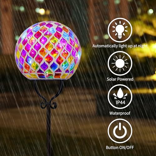 VCUTEKA Solar Outdoor Lights Garden Decor Mosaic Solar Garden Lights Waterproof Glass Ball LED Pathway Stake Light for Landscape Lawn Patio Yard Decoration 6 inch, Red - color: Red