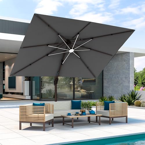 JZAC & QZYD 9x12 FT Outdoor Cantilever Patio Umbrella with LED Lights, Large Heavy Duty 2-Tier Aluminum Offset Umbrellas with 360-Degree Rotation for Pool Deck, Grey - color: Grey, size: 9'×12'