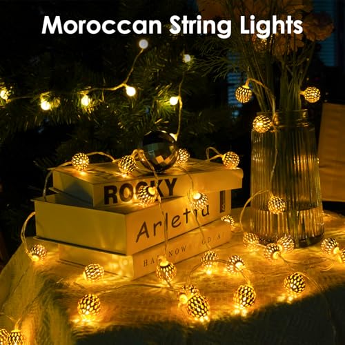 Moroccan String Lights Outdoor Battery Operated, 60 LED 36 FT Globe Fairy Lights with 8 Lighting Modes, String Lights with Timer for Bedroom Party Wedding Garden Classroom Indoor Decor(Warm White) - color: Warm White Moroccan, size: 1 Pack(60 LED Battery)