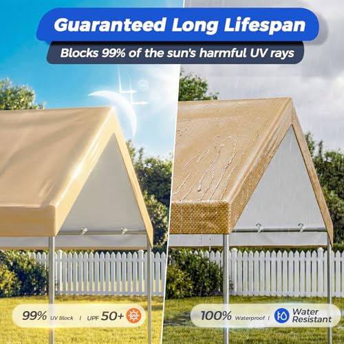 10x20 FT Carport Canopy Replacement Cover, Heavy Duty Car Garage Top Tent Shelter Tarp, Waterproof & UV Protected, Easy Installation with Ball Bungees, Beige (Frame Not Included) - color: Beige, size: 10'x20'