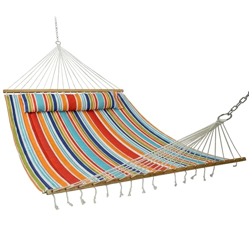 Sunnydaze Quilted Double Hammock for Outside with Spreader Bars and Pillow - 450 lb Capacity, 74x55 Inch Bed, UV Resistant, Quick Dry - Chains Included, Stand Sold Separately - Caribbean Stripe - color: Caribbean Stripe