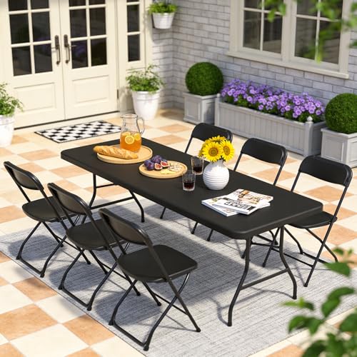 6ft Folding Table, Heavy Duty Plastic Card Table with Foldable Steel Legs, Metal Frame Support up to 600 lb, Portable for Indoor, Outdoor, Picnic, Camping, Dining, Party, Black - color: Black, size: 6FT