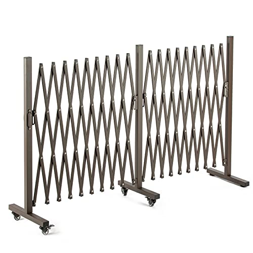 TECSPACE Aluminum Expandable Garden Fence, Portable Barricade Gate with Casters, Adjustable Retractable Fence Mobile Barricade Safety Barrier (Brown, 201×15×41 inch) - color: Brown, size: 201×15.2×40.6 Inch