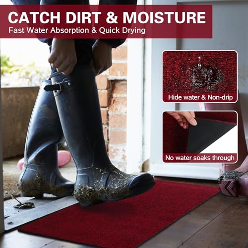 Indoor Ultra Thin Doormat, Low Profile Inside Doormats, 30" x 17" Absorbent Strong Dirt Trapper Door Mat, Non Slip Rubber Backing Welcome Mat for Patio, Porch,Outdoor Entrance,Christmas Party - color: Red, size: 1'5" x 2'6" (Rectangular)