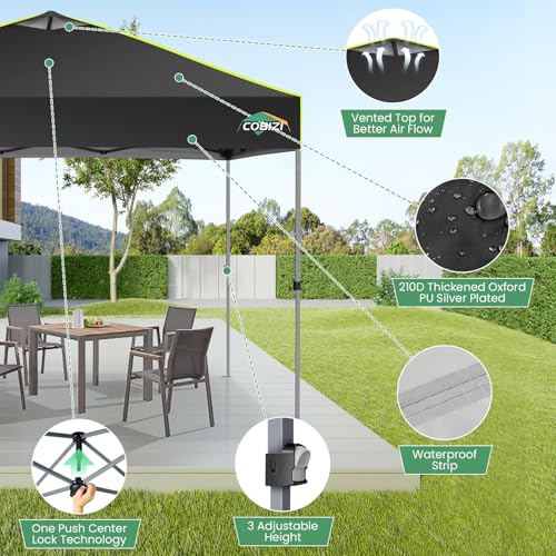 COBIZI 10x10 Pop Up Canopy One Push Party Tent with Air Vent Waterproof Commercial Outdoor Patio Gazebo for Parties Camping Shade Events Garden, 3 Adjustable Height, Carry Bag, Sandbag, Stakes, Black - color: Black, size: 10x10ft
