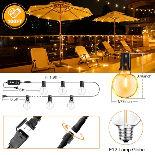 Outdoor String Lights with Remote Dimmer, 50 + 3 Spare G40 LED Bulbs Plug in Connectable Patio Lights, Waterproof Hanging Lights for Backyard Camping Balcony Yard Deck Party(100FT) - style: 100FT-G40(Remote+Dimmer)