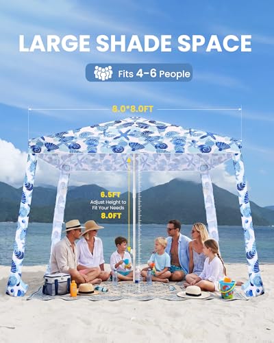 Qipi Beach Cabanas for Sand, Beach Canopy with Sandbags & Side Wall for Family, Easy Set Up Sun Shelter, UPF 50+ UV Protection with Roof Vent - color: 8' x 8' Sea Life Dual-Fold