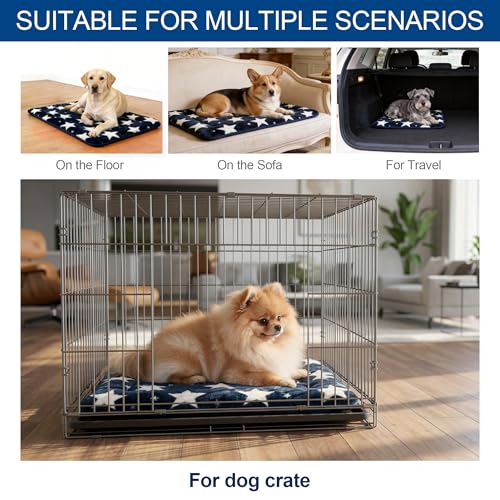 Washable Dog Bed Mat With Anti-Slip Bottom, Deluxe Plush Memory Foam Crate Pad & Waterproof Outdoor Kennel Mat For Dogs & Cats-Durable Crates Beds, Large Medium Small Puppy Size 36" x 24",Blue - color: Blue-Star, size: Upgraded L（36" L x 24" W x 1.5" Th）