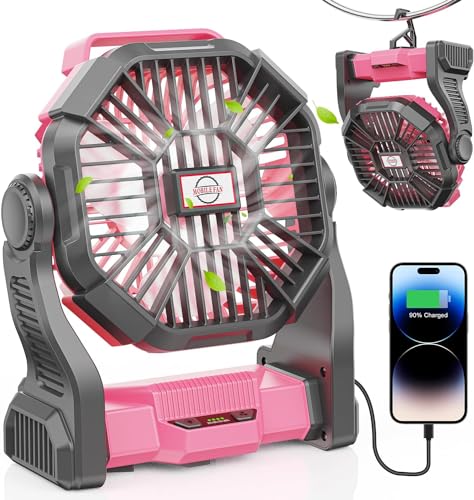 DOWILLDO 20000mAh Portable Battery Powered Camping Fan - with LED Light, Quiet Battery Operated, Camping Gear for Travel, Tent, Beach, Car or Hurricane Power Outages, Pink - color: Pink, size: 20000mAh