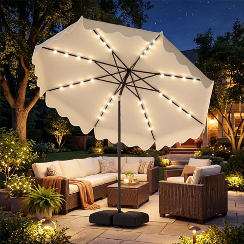 Tangkula 10 FT Solar Patio Umbrella with Base Included, 2-Tiers Outdoor Scalloped Table Umbrella with 32 LED Lights, 2 Sandbags, Tilt Adjustment, Crank, 8 Ribs for Market Backyard Pool Deck Beach Lawn (Beige, 10 FT) - color: Beige, size: 10 FT