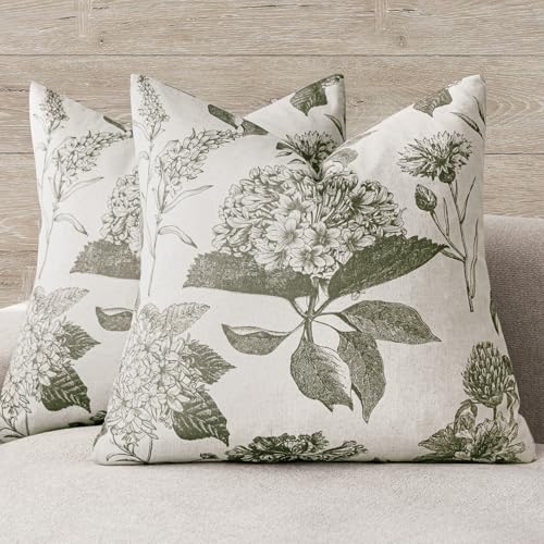Foindtower Set of 2 Linen Floral Vintage Throw Pillow Covers Neutral Accent Print Decorative Cushion Covers Farmhouse Home Decor for Sofa Chair Couch Bedroom Living Room,18×18 Inch,Sage Green - color: Cedar Green, size: 18" x 18" (Pack of 2)