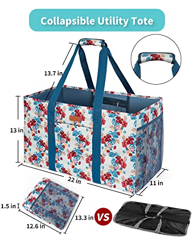 WONDAY Extra Large Reusable Grocery Bag Carrier with Handle, Thirty One Utility Tote Foldable for Shopping and Beach - color: Blue Flower