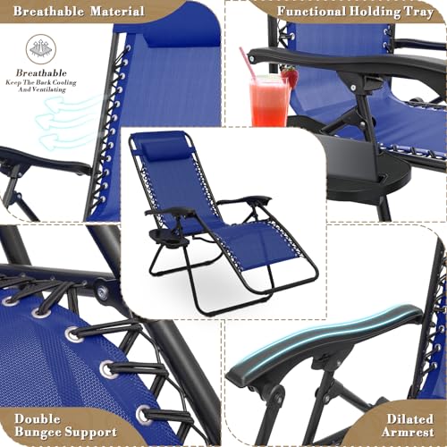 Athena Collection Zero Gravity Outdoor Lounge Chair Set of 2 with Side Table, 29" Width Pool Lounge Lawn Chairs Reclining with Cup Holder, Outdoor Chaise for Beach Patio Backyard Outside, Blue - color: Blue, style: 29" Width