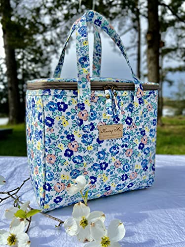 Kwang Min Floral Insulated Lunch Bag for Women,Reusable Lunch Box,Large Cooler for Office,Picnic Outdoors,Premium Waterproof Fabric,Summer Floral Bag (Blue Blooming) - color: Blue Blooming