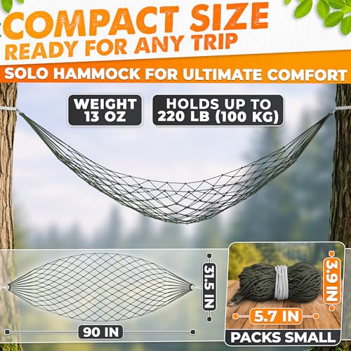 Mesh Hammock - Easy to Set Up Rope Hammocks for Outside, Dark Green Color, 90x31.5 Nylon Net Hammock, Max 100 KG (220 Pounds), Tree Hammocks for Outside, Camping & Patio Relaxation