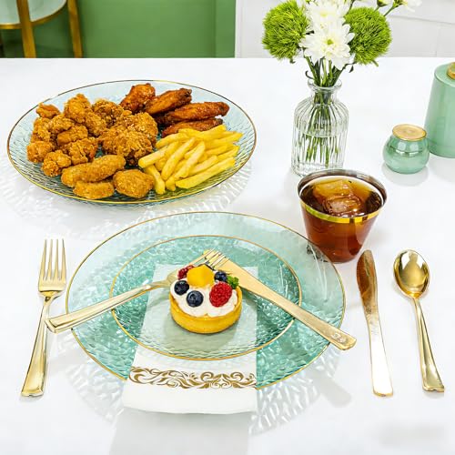 DaYammi 175 Pcs Green Plastic Plates Dinnerware Set (25 Guests), Hammered Plates Sets, Green Party Platos Set include 50 Disposable Platos, 75 Gold Plastic Silverware, 25 Cups 25 Napkins - color: Clear Green, size: 175 Pcs