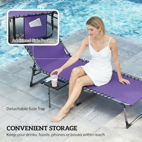 Outsunny Folding Chaise Lounge Chair Outdoor Tanning Chair with Side Table, 5-Level Adjustable Beach Lounge Chair with Headrest, Side Pocket for Patio, Backyard, Beach, Poolside, Purple - color: Purple