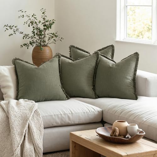 MIULEE Decorative Couch Pillow Covers Neutral Linen Fringe Throw Pillows Set of 4 Boho Farmhouse Cushions Soft Accent Pillowcases for Bed Couch Sofa Living Room Spring Decor 18x18 Inch Olive Green - color: Olive Green, size: 18" x 18" (Pack of 4)