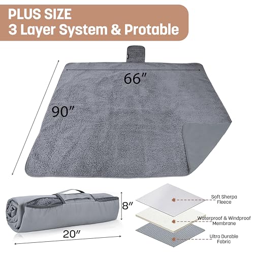 Tirrinia Waterproof Outdoor Blanket with Sherpa Lining, Windproof Triple Layers Warm Comfy Foldable for Camping Stadium, Beach, Picnic, Grass, Concerts, Car, Dog, 51''X 59'' & 59''X 80'' - color: Sliver/Grey, size: 59” X 80”