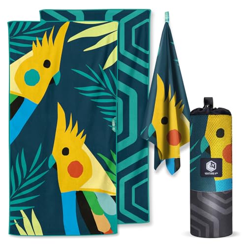 VENTURE 4TH Microfiber Beach Towel: Quick-Dry, Compact, Sand-Free, Absorbent, Sandproof and Lightweight - Perfect for Camping, Beach, and Roadtrips (Navy Cockatoo Design | 35x78 inches) - color: Navy Cockatoo, size: Extra Large (78" x 35")