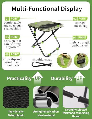 COMELY Camping Stool Portable Chair: All-Terrain Folding Carrying Pocket Stool, 4 Anti-Sink Feet, 270Lbs Capacity & 3s Setup. 5000 Cycle Tested for Rugged Sites, Camping, Fishing, Travel, Black. - color: Black