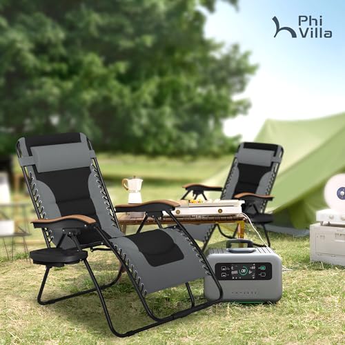 PHI VILLA XXL Oversized Padded Zero Gravity Chair, Foldable Patio Recliner, 30" Wide Seat Anti Gravity Lounger with Cup Holder, Support 400 LBS (Gray) - color: Grey, style: 1 Pcs