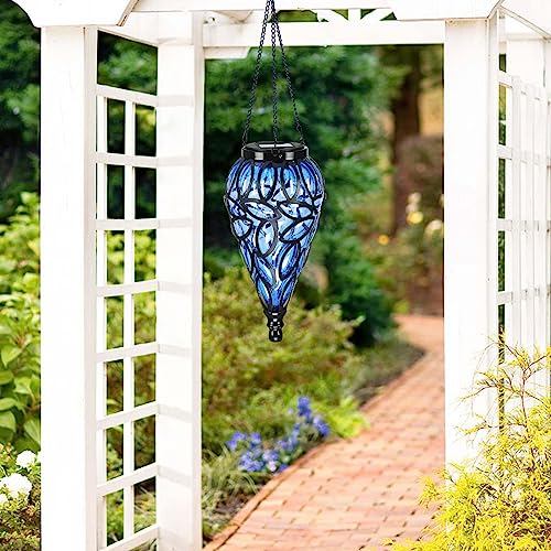 SUNNYPARK Outdoor Plastic Solar Hanging Lantern, 15 Cool White LEDs Twinkle Effect Tear-Shaped Hanging Lantern Decor Garden Decorative Solar Lights for Backyard, Patio and Lawn - style: Blue New