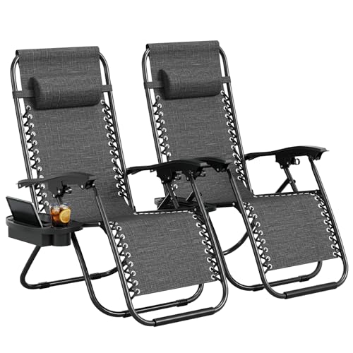 Garvee Zero Gravity Chair Set of 2, Patio Lounge Chair Outdoor with Pillow & Cup Holder Tray, Adjustable Reclining Chair, Folding Portable Camping Chair for Deck, Beach, Yard, Garden - Gray - color: Grey