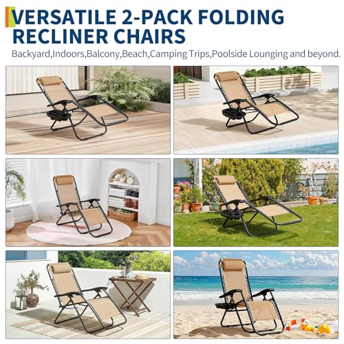Garvee Camping Chairs Set of 2, Patio Lounge Chair Outdoor with Pillows & Cup Holder Trays, Adjustable Folding Patio Lawn Chair for Deck,Beach, Yard Khaki - color: #Black