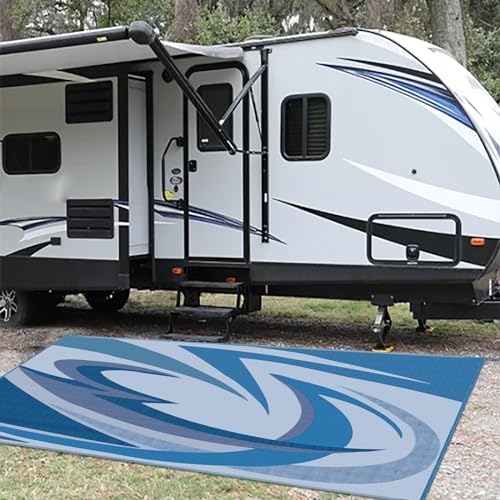 EEZ RV Products 9'x12'Blue Heavy Duty Reversible/Durable Outdoor Patio/RVing Mats(9ft x12ft Blue) Come with Large Storage Bag & 6 Sets of Stakes and Washer - color: Wave Blue, size: 9' x 12' (Rectangular)